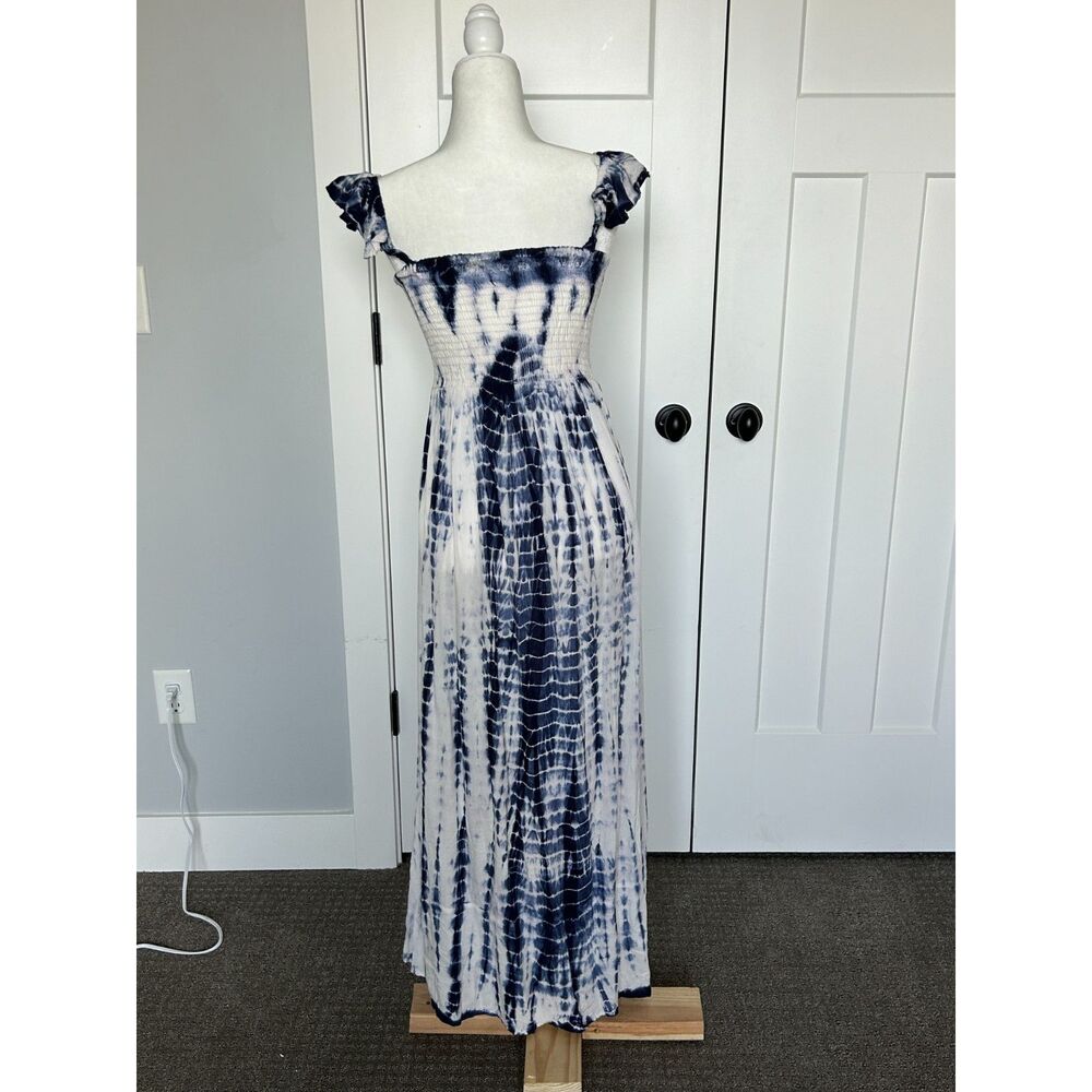 AVIYA Tie-Dye Blue and White Dress, Smocked Bodice, Flounce Sleeves, size M. - Picture 2 of 5
